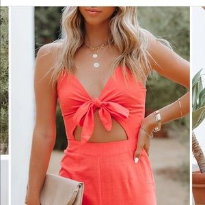 CORAL VICI KOLOA COTTON TIE FRONT JUMPSUIT